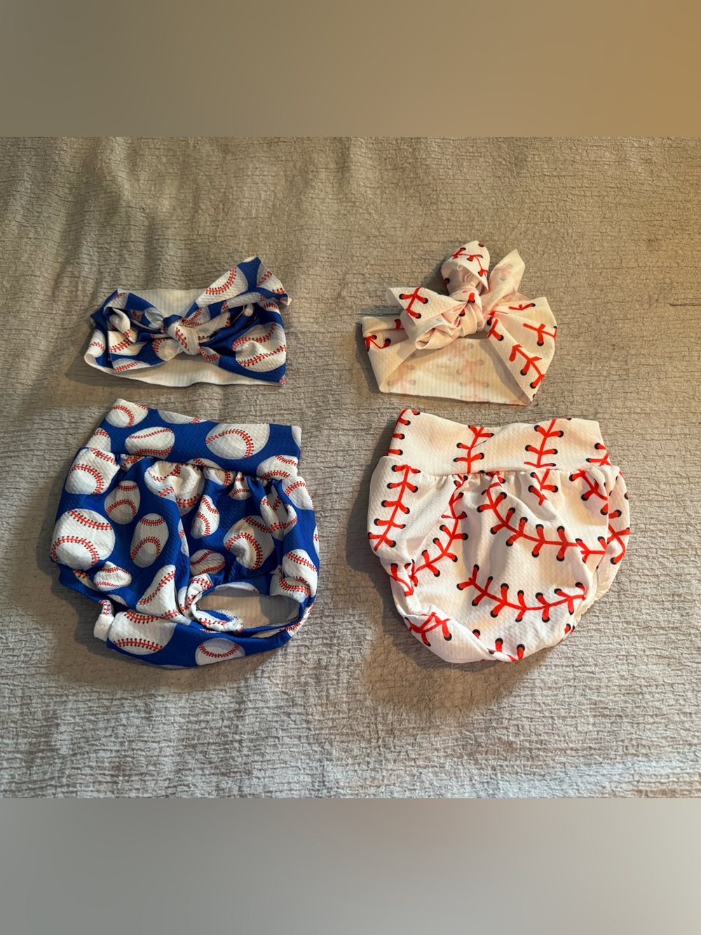 Baseball Print Baby Bloomers and Bow Set - Blue & White